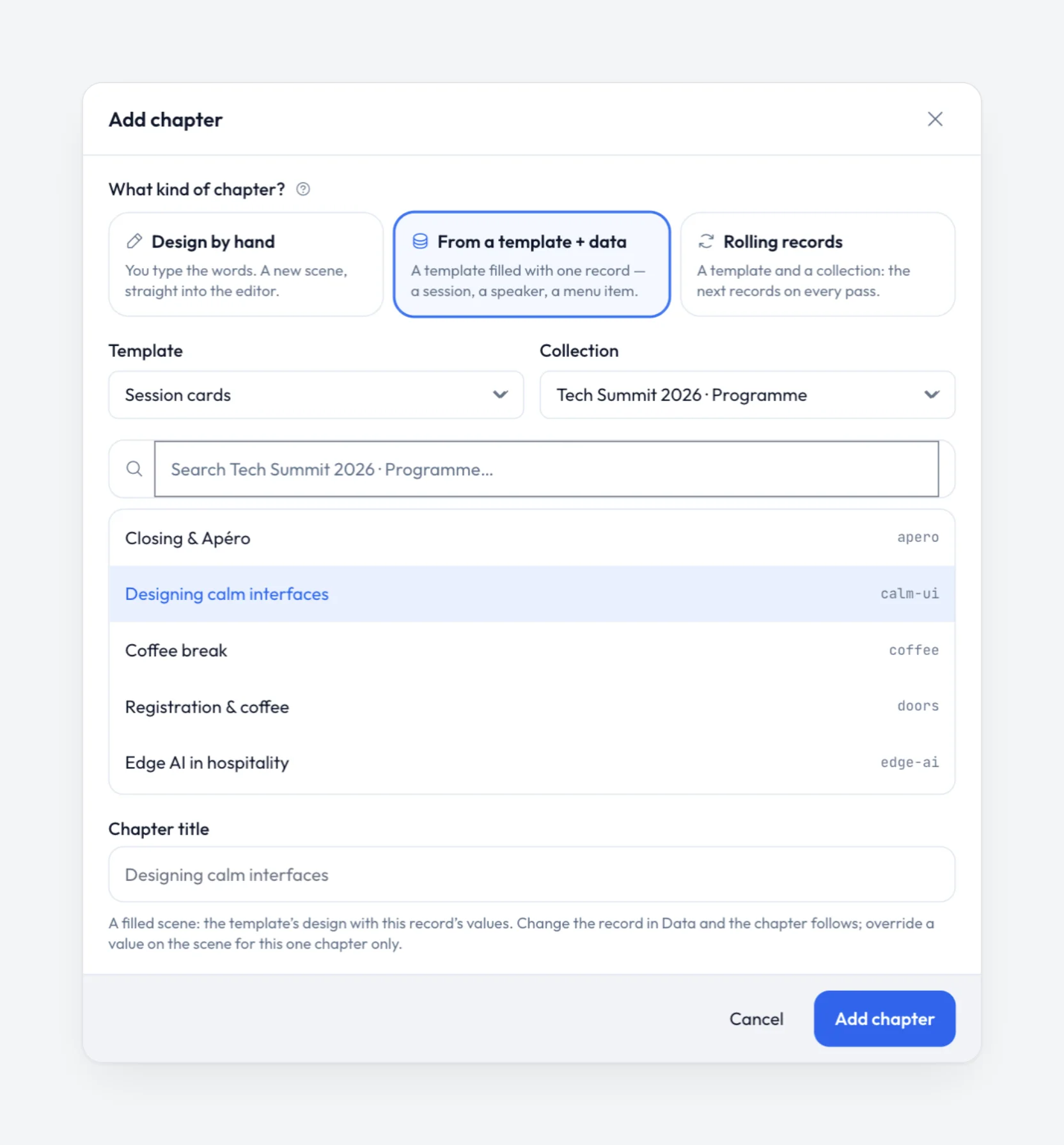 The Add chapter dialog with From a template + data selected: a template, a collection and a list of records to fill it with.