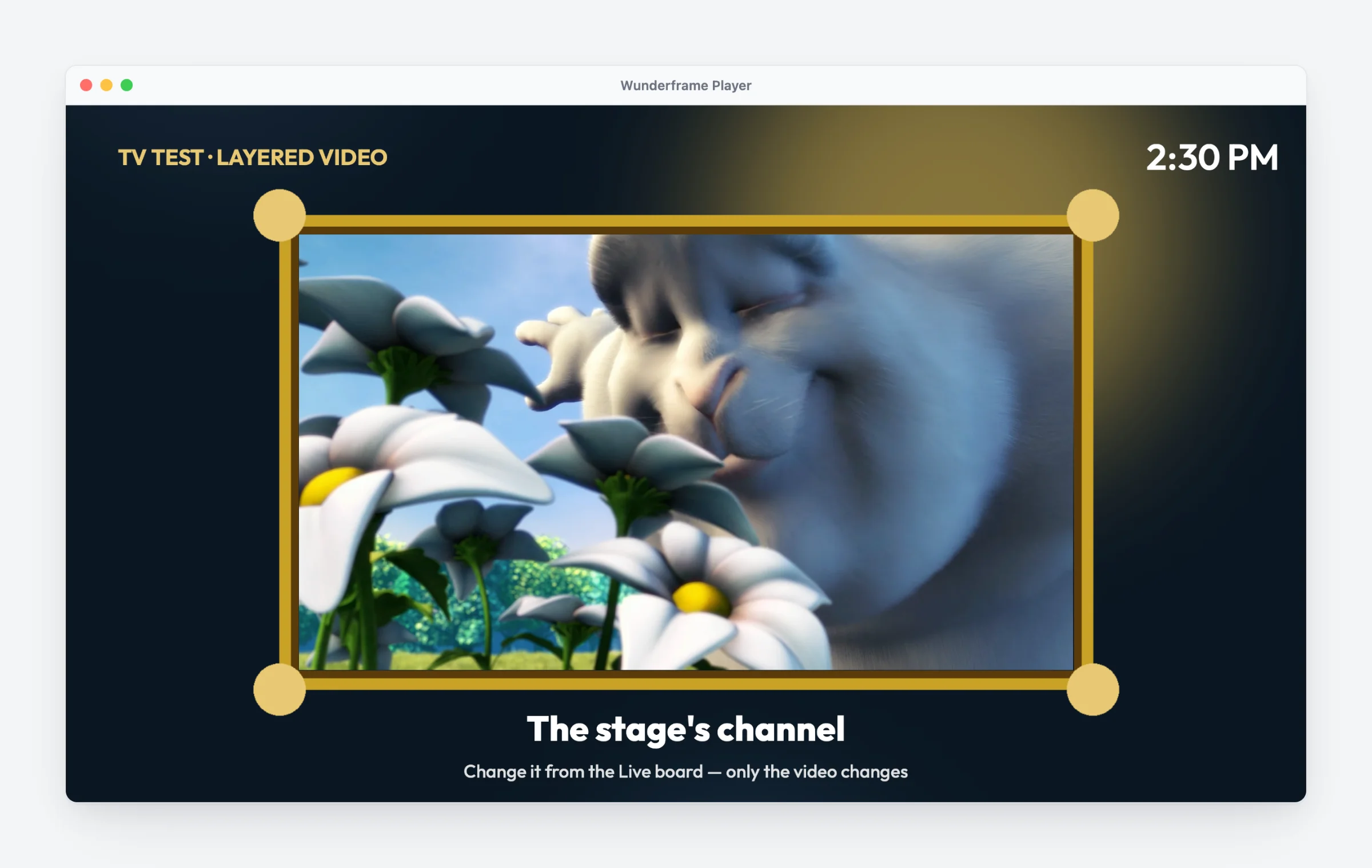The desktop player window playing a program: a video inside a gold frame, the time in the top right, and the caption 'The stage's channel — Change it from the Live board, only the video changes'.