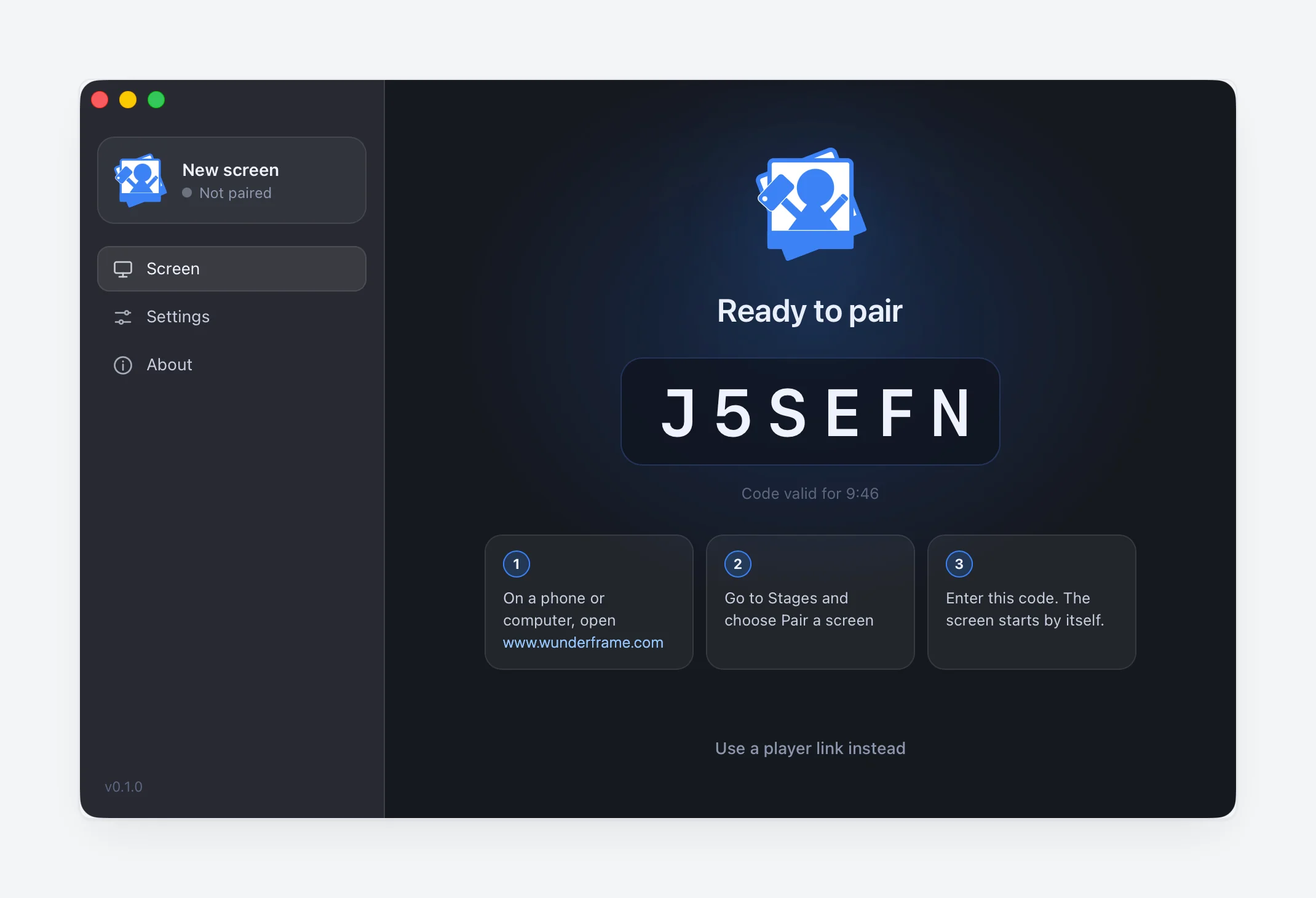 The Wunderframe desktop player window showing 'Ready to pair' with the code J5SEFN, a countdown, and three steps: open www.wunderframe.com, go to Stages and choose Pair a screen, enter this code.