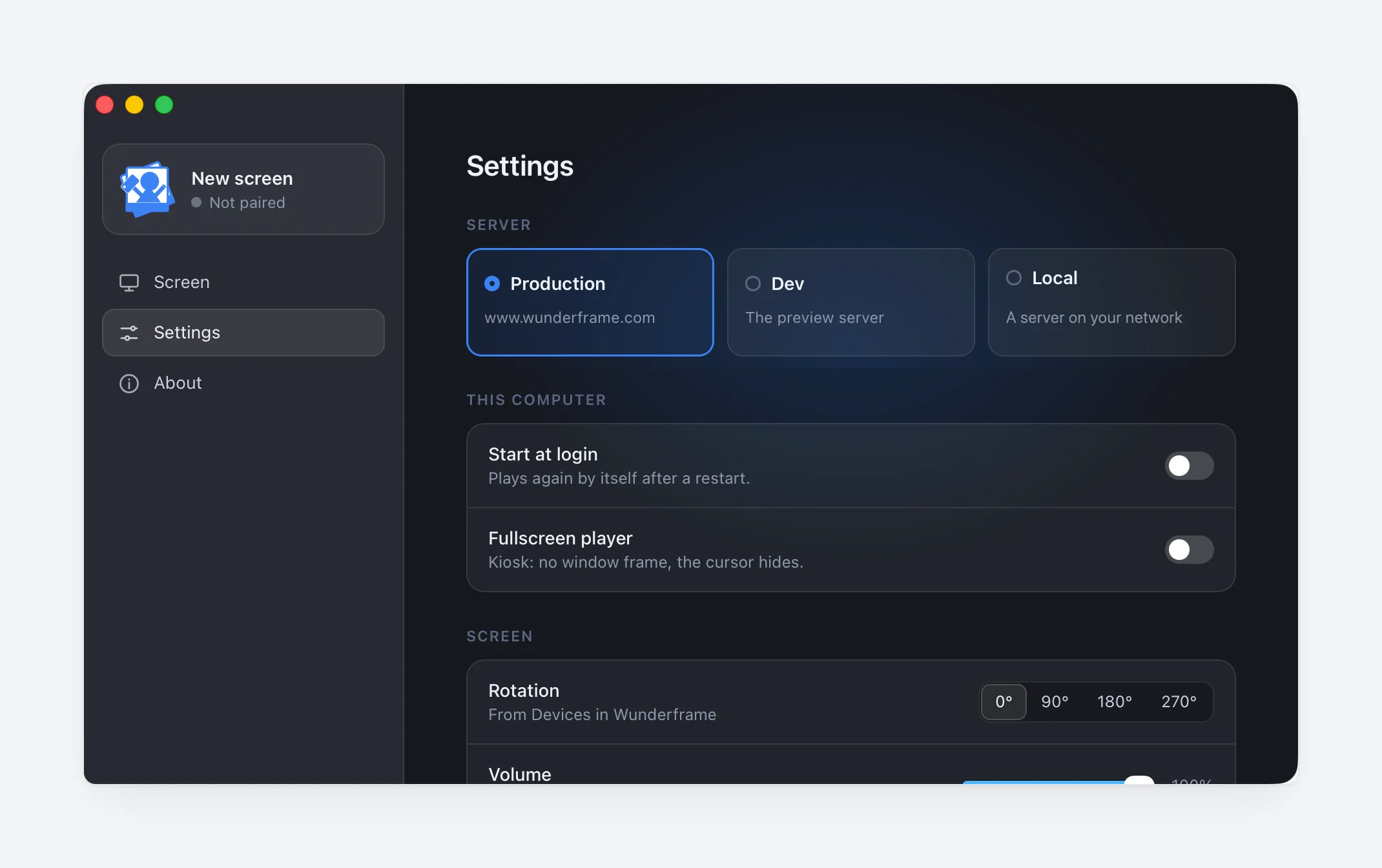 The desktop player’s Settings page with the server choice Production (selected), Dev and Local, switches for Start at login and Fullscreen player, and the Rotation choice 0°, 90°, 180°, 270°.