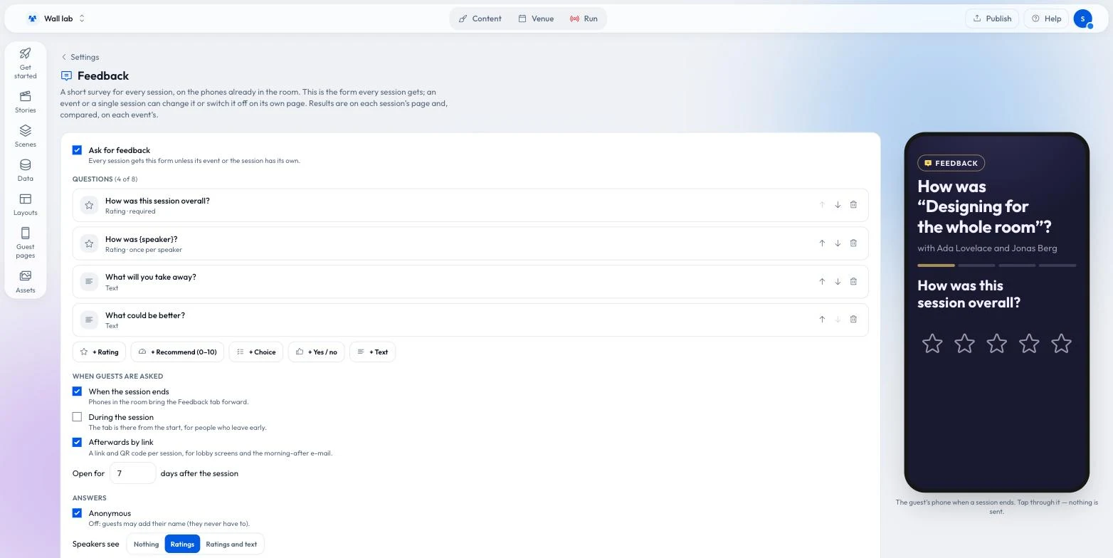 Settings → Feedback: the questions of the default form (overall rating, a rating per speaker, what you take away, what could be better), buttons to add a rating, a 0–10 recommend, a choice, yes/no or text, when guests are asked and the answers settings; on the right a phone showing the form as guests see it.