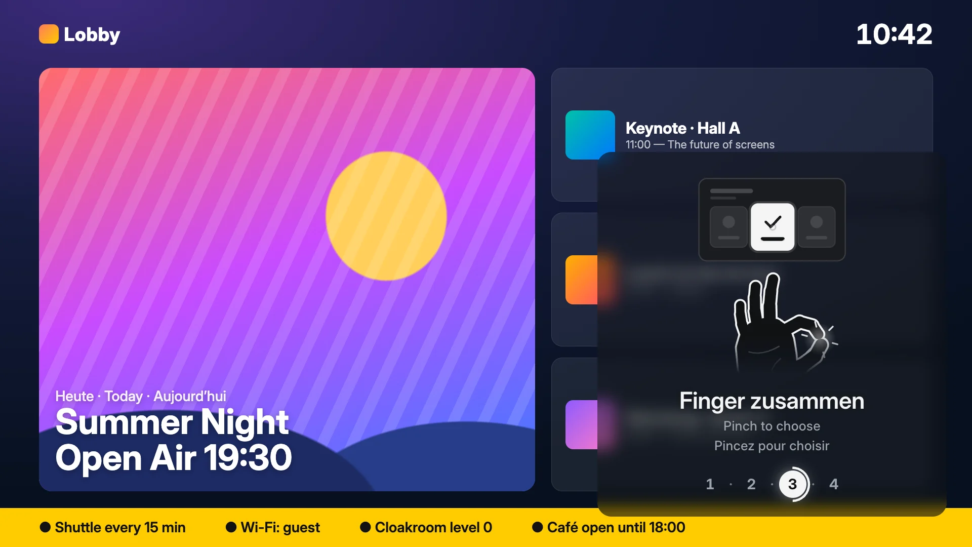 A lobby screen with the program on the right; over its lower right corner a rounded box, lightly tinted and blurred, shows a hand pinching thumb and index under a little screen with a chosen tile, the caption Finger zusammen, Pinch to choose, Pincez pour choisir, and the steps 1 to 4.