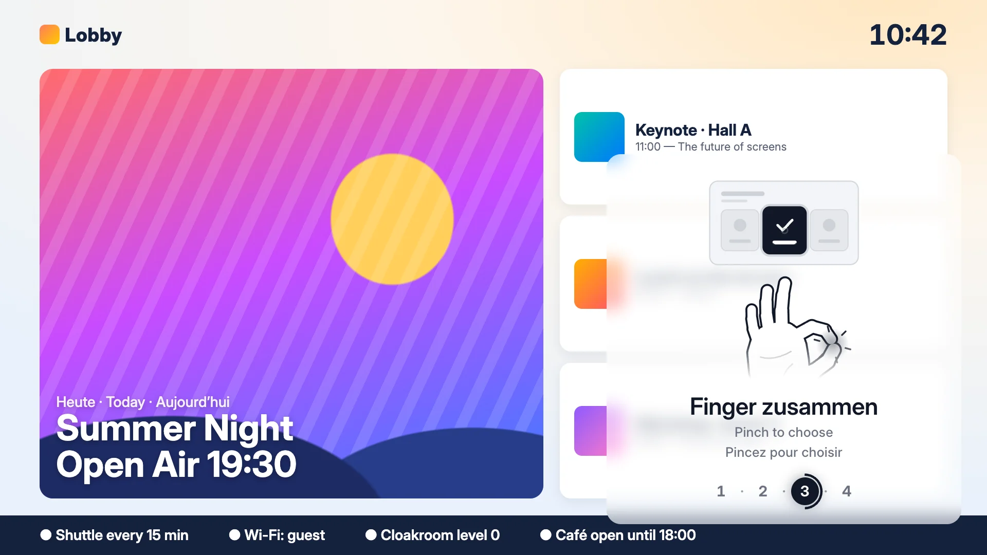A lobby screen with the program on the right; over its lower right corner a rounded box, lightly tinted and blurred, shows a hand pinching thumb and index under a little screen with a chosen tile, the caption Finger zusammen, Pinch to choose, Pincez pour choisir, and the steps 1 to 4.