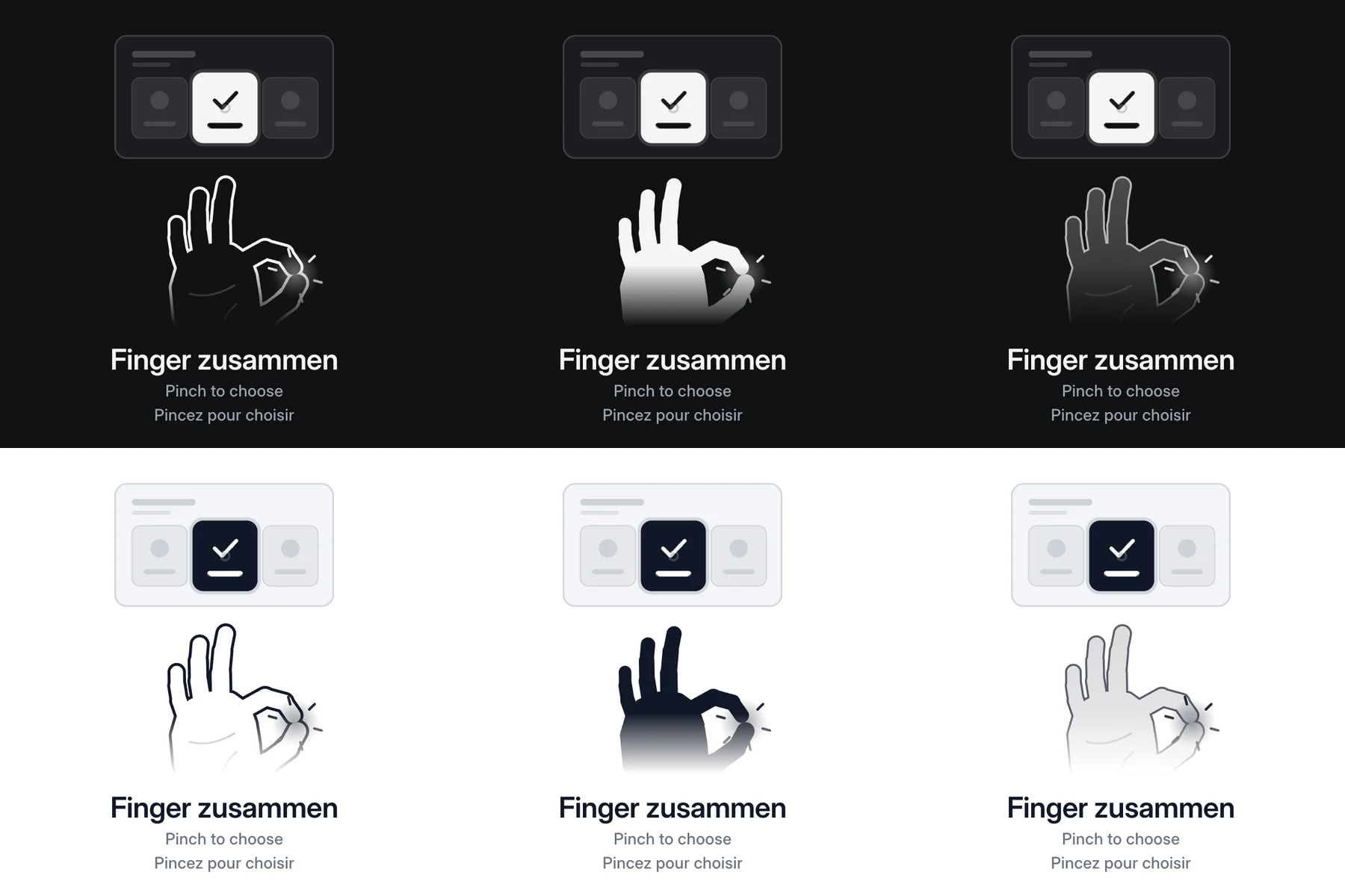 Six pictures in two rows, each a hand pinching under a little screen with a chosen tile and the caption Finger zusammen: on dark, an outlined white hand, a solid white hand and a soft grey glass hand; below, the same three on white in dark ink.