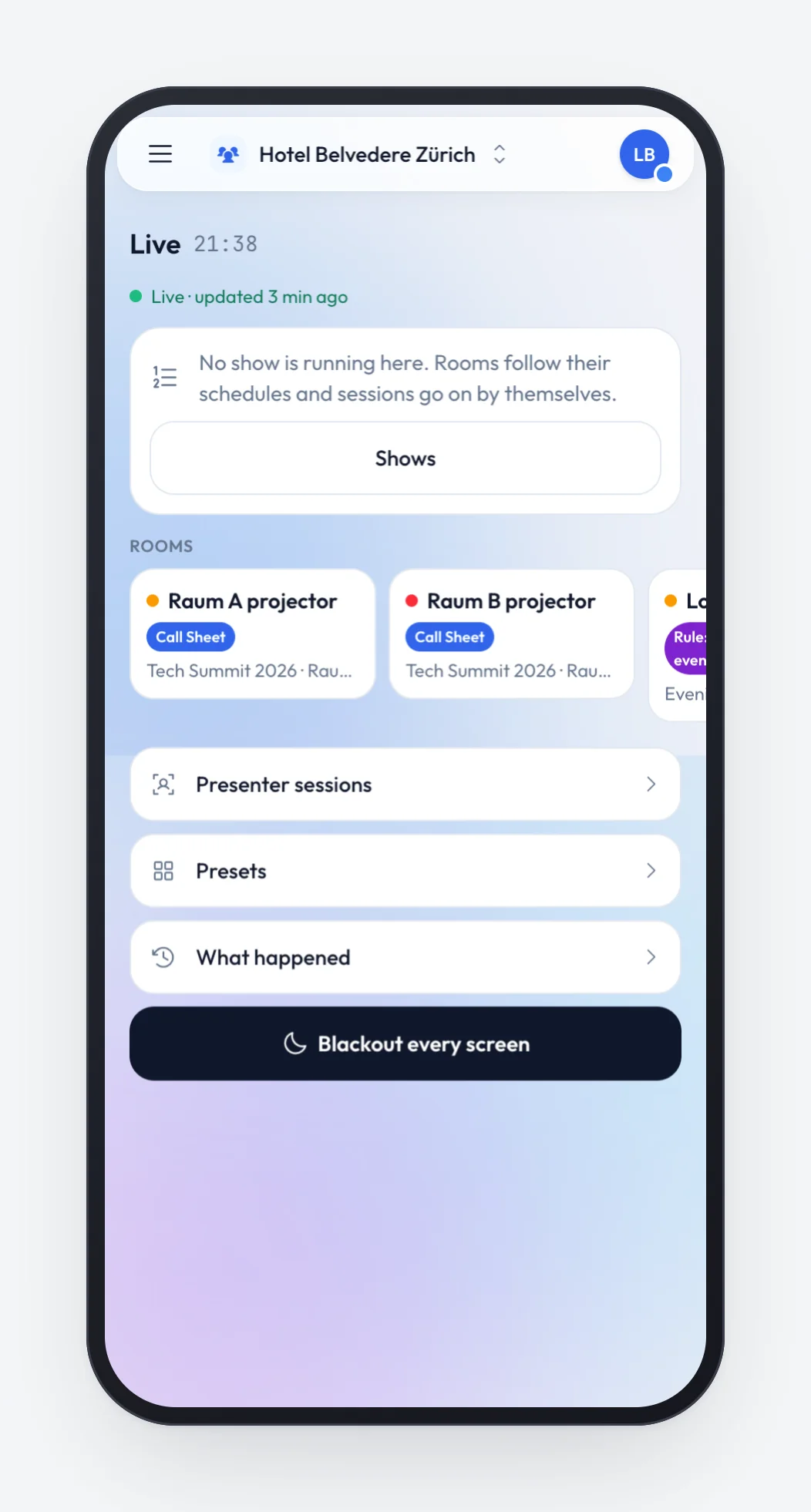 The Live board on a phone: the time, a note that no show is running with a Shows button, a swipeable row of rooms with their status badges, and Presenter sessions, Presets and What happened, above a Blackout every screen button.
