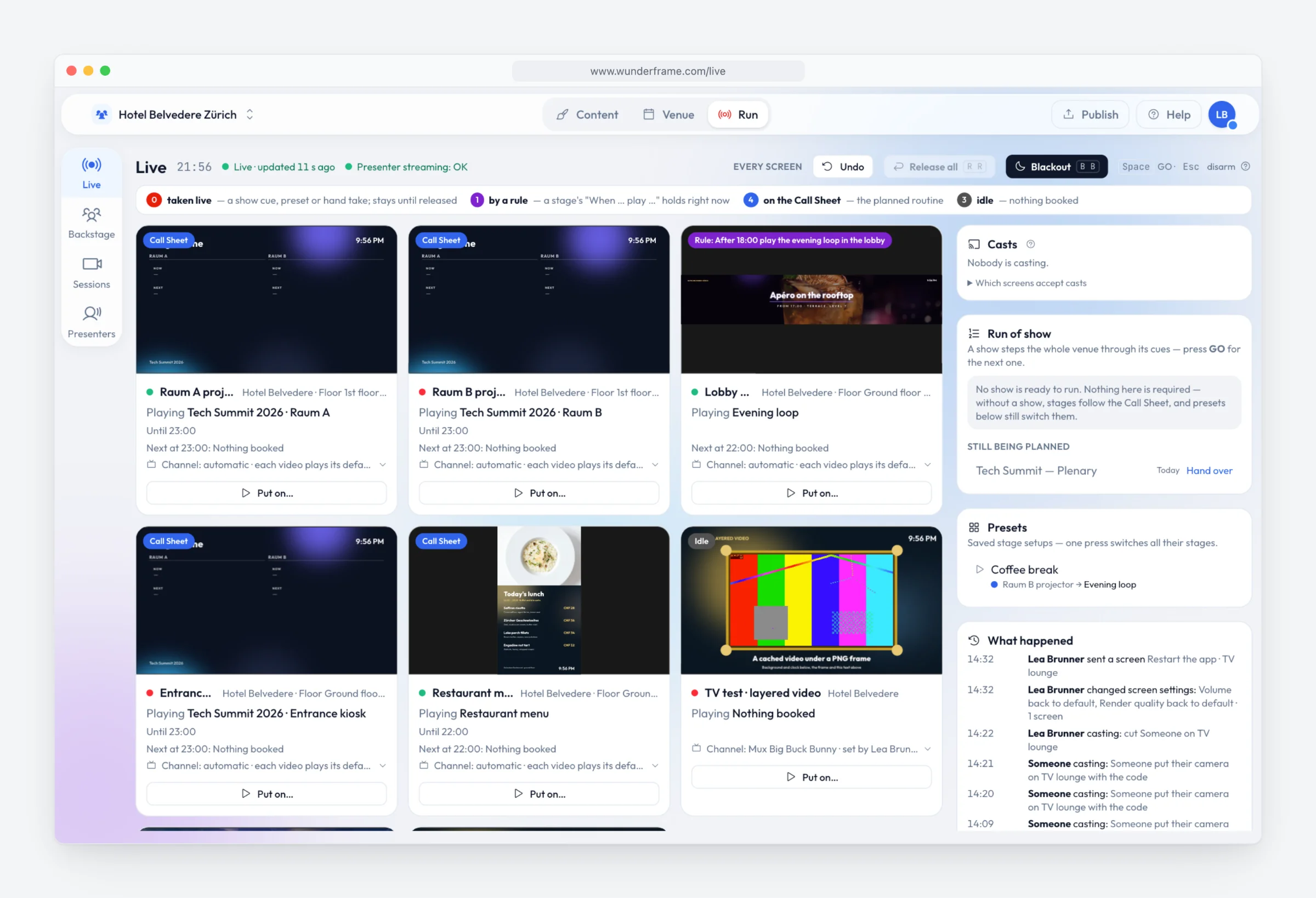 The Live board on a desktop: counters (0 taken live, 1 by a rule, 4 on the Call Sheet, 3 idle), stage tiles with live pictures and badges (Call Sheet, a purple rule badge on Lobby wall, Idle), each with its channel and a Put on button, and on the right Casts, Run of show, Presets and What happened.