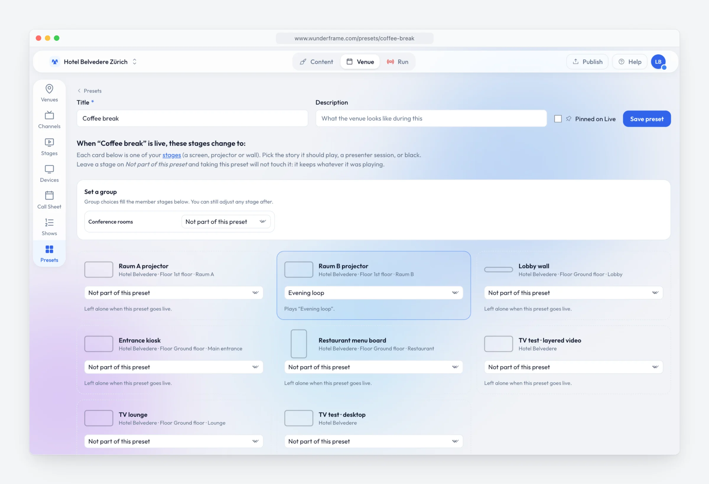 The preset editor for Coffee break: title and description, a Pinned on Live option, Set a group for Conference rooms, and one card per stage with a picker — Raum B projector plays Evening loop, the others are Not part of this preset.