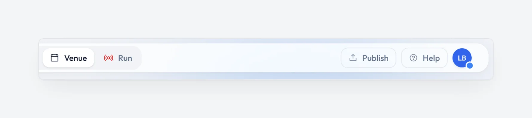 The right end of the app bar: the Venue and Run switcher, then the Publish button, Help and the account avatar.