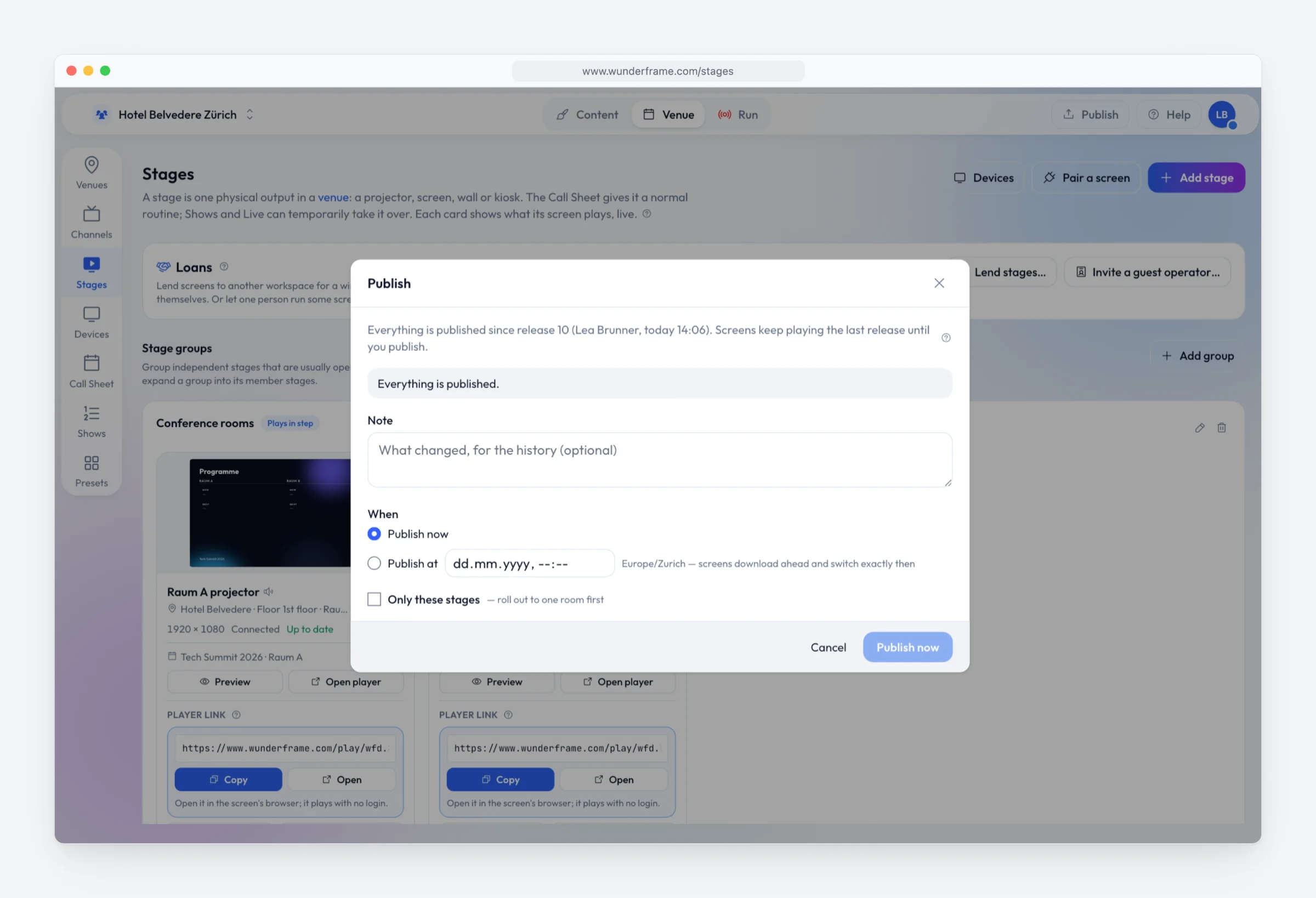 The Publish dialog: a note that everything is published since release 10, a Note field for the history, When with Publish now or Publish at a date and time in Europe/Zurich, an Only these stages option, and Cancel and Publish now buttons.