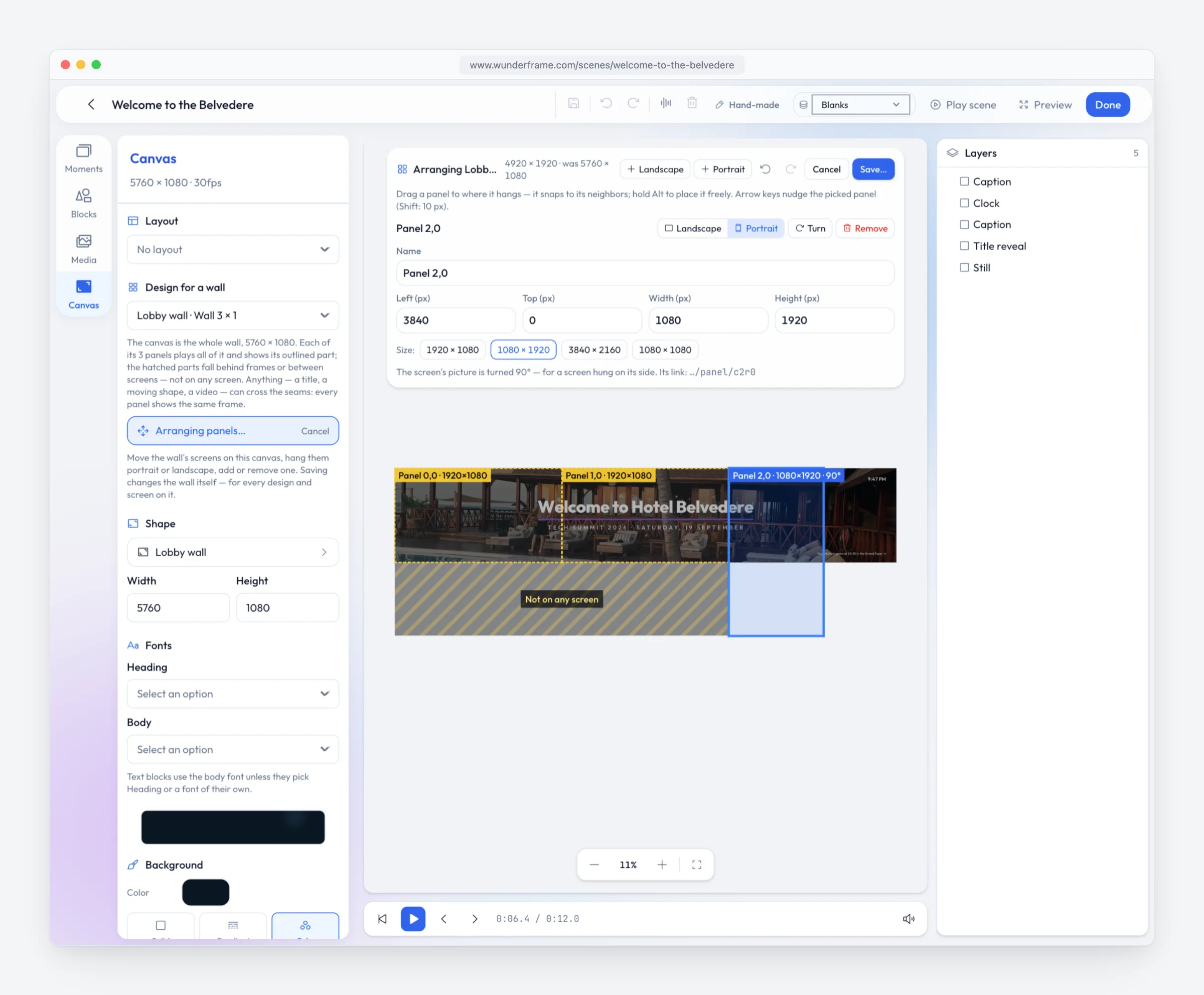 Arrange panels in the scene editor: the Lobby wall outlines on the canvas with Panel 2,0 turned to portrait (1080 × 1920, 90°), the hatched area marked Not on any screen, and the arrangement card with Landscape, Portrait, Turn, Remove, Cancel and Save.