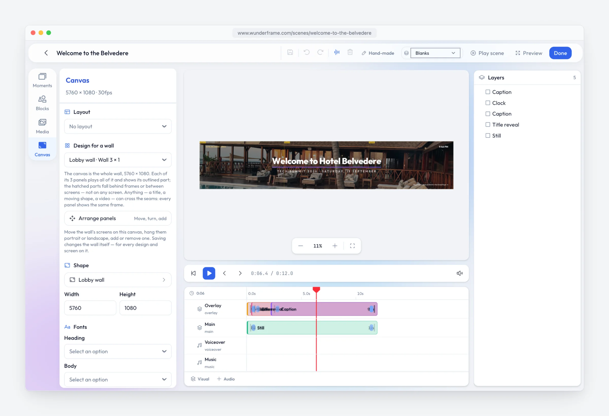 The scene editor for Welcome to the Belvedere with the Canvas panel open: Design for a wall set to Lobby wall · Wall 3 × 1, the 5760 × 1080 canvas showing "Welcome to Hotel Belvedere" across three outlined panels, the timeline and the layers list.