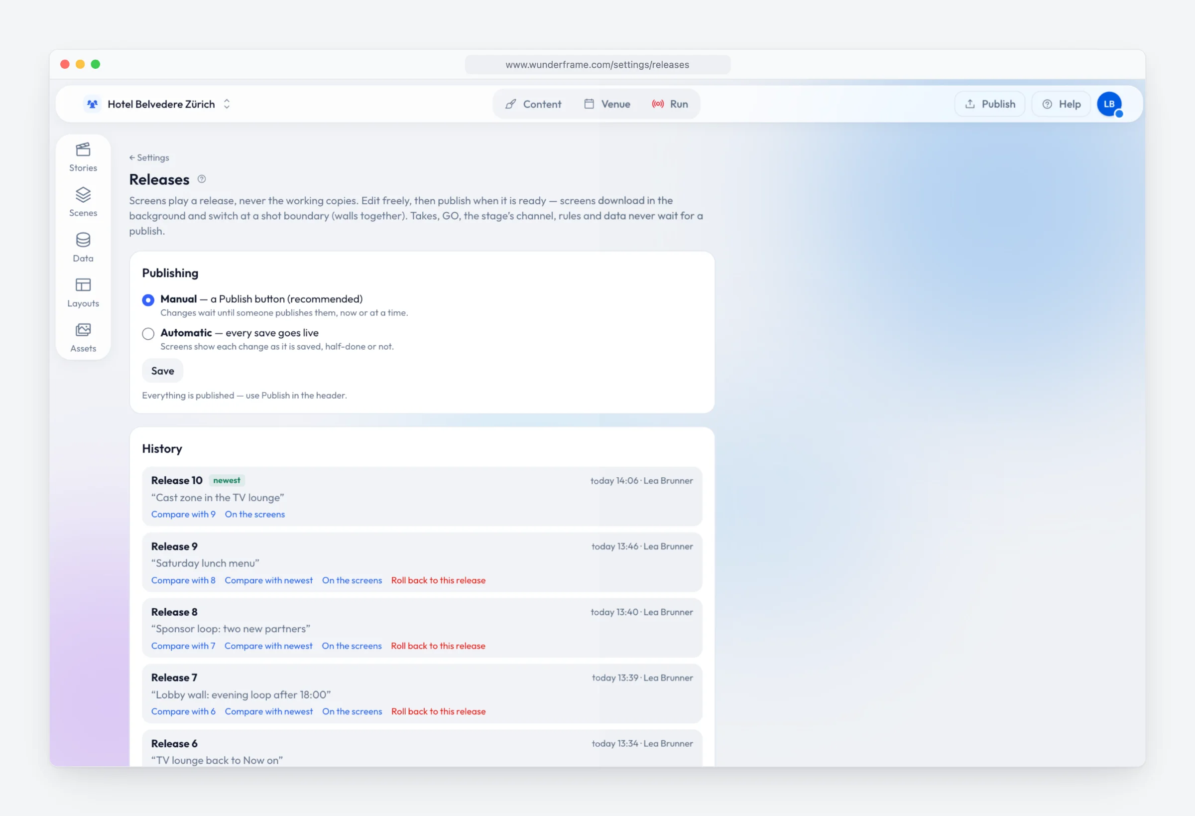 Settings → Releases: Publishing set to Manual (a Publish button) rather than Automatic, and the release history from Release 10 down, each with its note, time, author and Compare, On the screens and Roll back links.