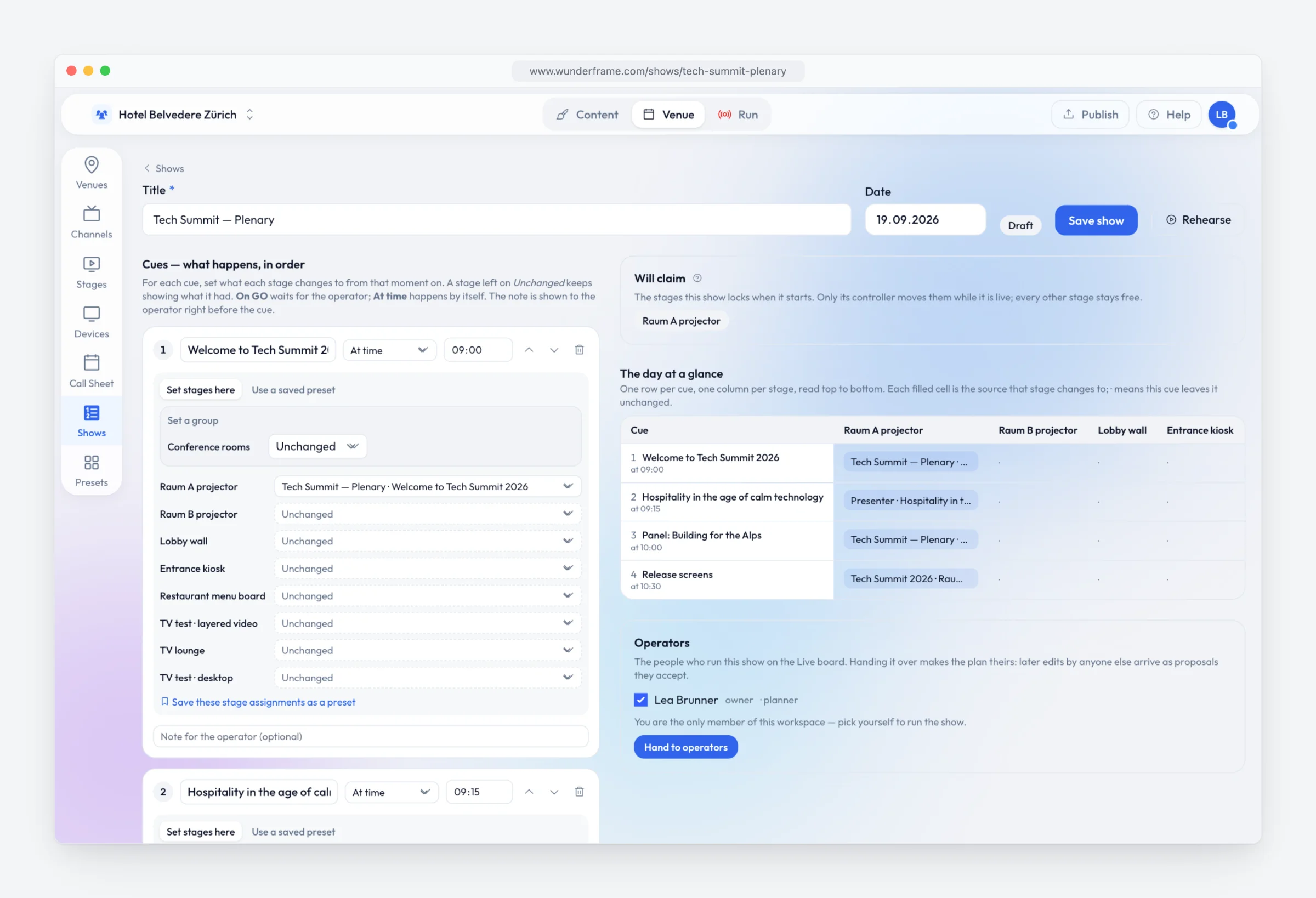 The show editor for Tech Summit — Plenary (Draft): the cue list with cue 1 "Welcome to Tech Summit 2026" at 09:00, and on the right the stages it will claim, The day at a glance table (cue 2 plays Presenter · Hospitality in the age of calm technology on Raum A) and the Operators section.