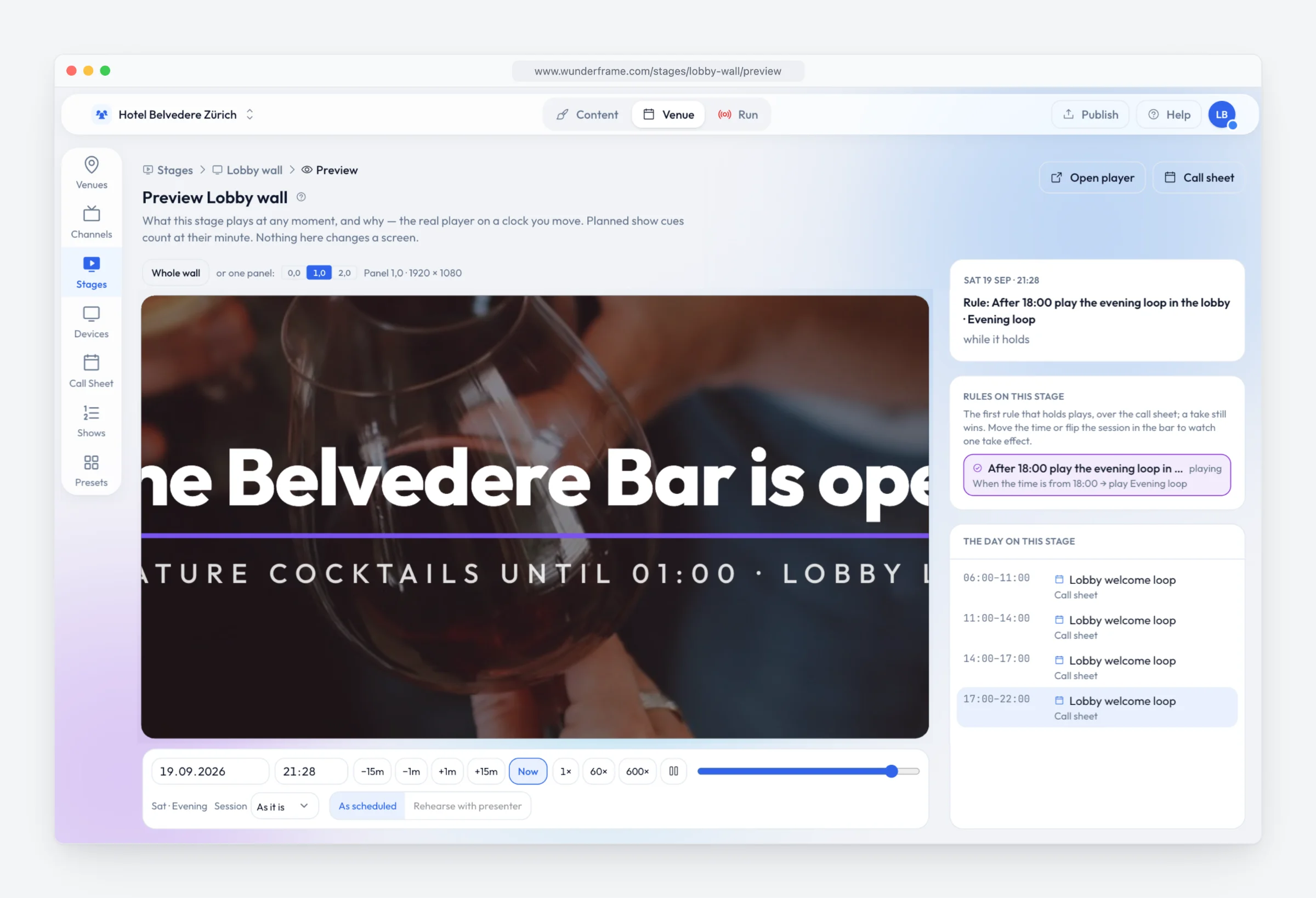 The Preview page for Lobby wall with panel 1,0 picked: the middle part of "The Belvedere Bar is open" on screen, the Time and sensors bar below it (date, time, jump buttons, speed and session controls), and on the right the active rule and the day on this stage.