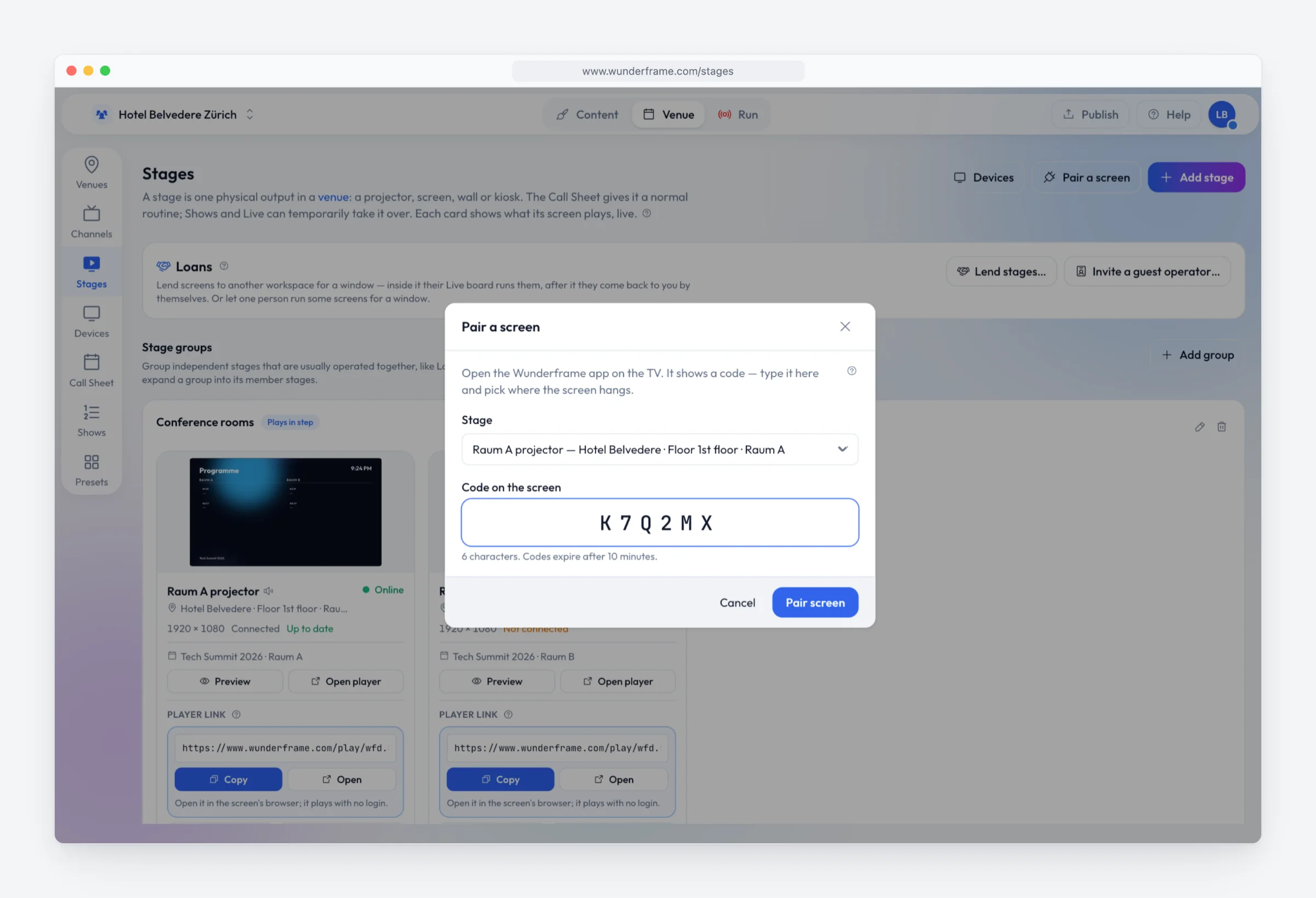The Pair a screen dialog over the Stages page: a Stage picker set to Raum A projector and a large code field with K7Q2MX typed in, above Cancel and Pair screen buttons.
