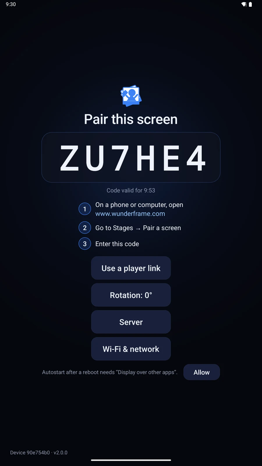 A tablet standing upright showing Pair this screen: the six-letter code large, the three steps stacked underneath, and the buttons Use a player link, Rotation, Server and Wi-Fi & network one below the other.