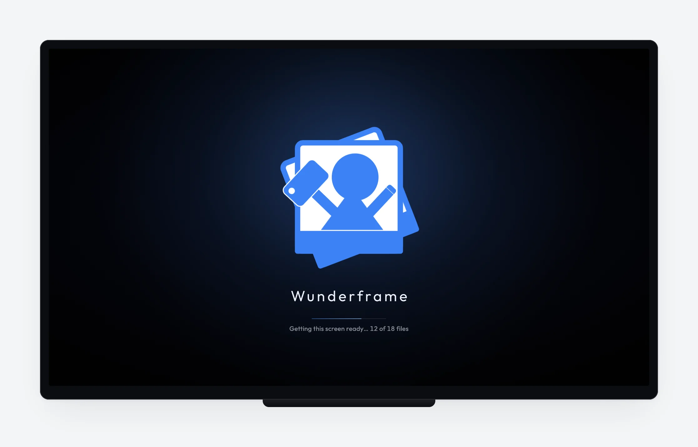 The Wunderframe logo on a dark blue background with a progress bar and the line 'Getting this screen ready… 12 of 18 files'.