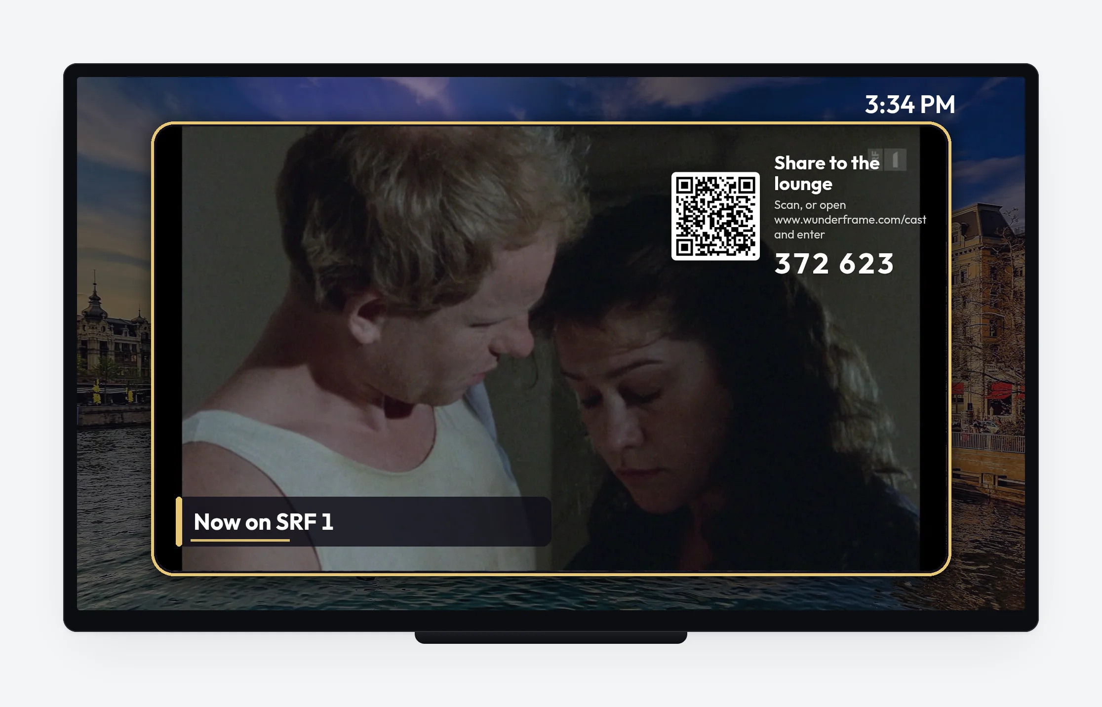 A hotel lounge TV in a gold-framed layout: the live SRF 1 picture in the middle, a lower third, the time top right, and a corner with a QR code.