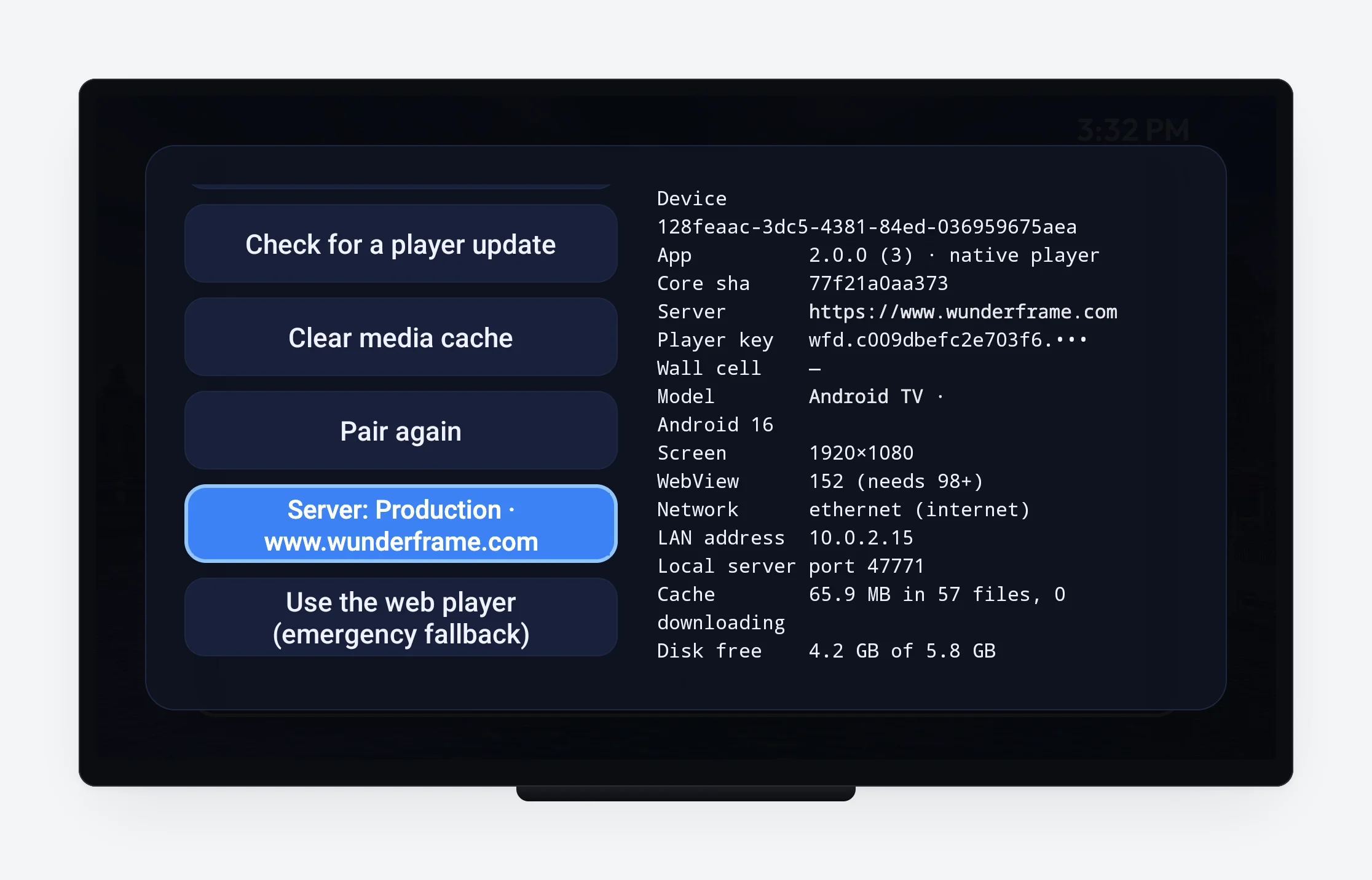 The on-screen settings panel of the Android TV app: buttons for Check for a player update, Clear media cache, Pair again, Server: Production · www.wunderframe.com and Use the web player, next to a list of device facts such as app version, server, network and free disk space.