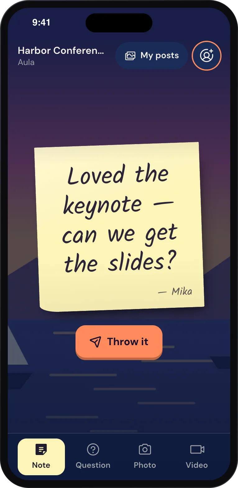 Un téléphone avec un post-it jaune portant un message manuscrit et un bouton « Throw it » au-dessus des onglets Note, Question, Photo et Vidéo.