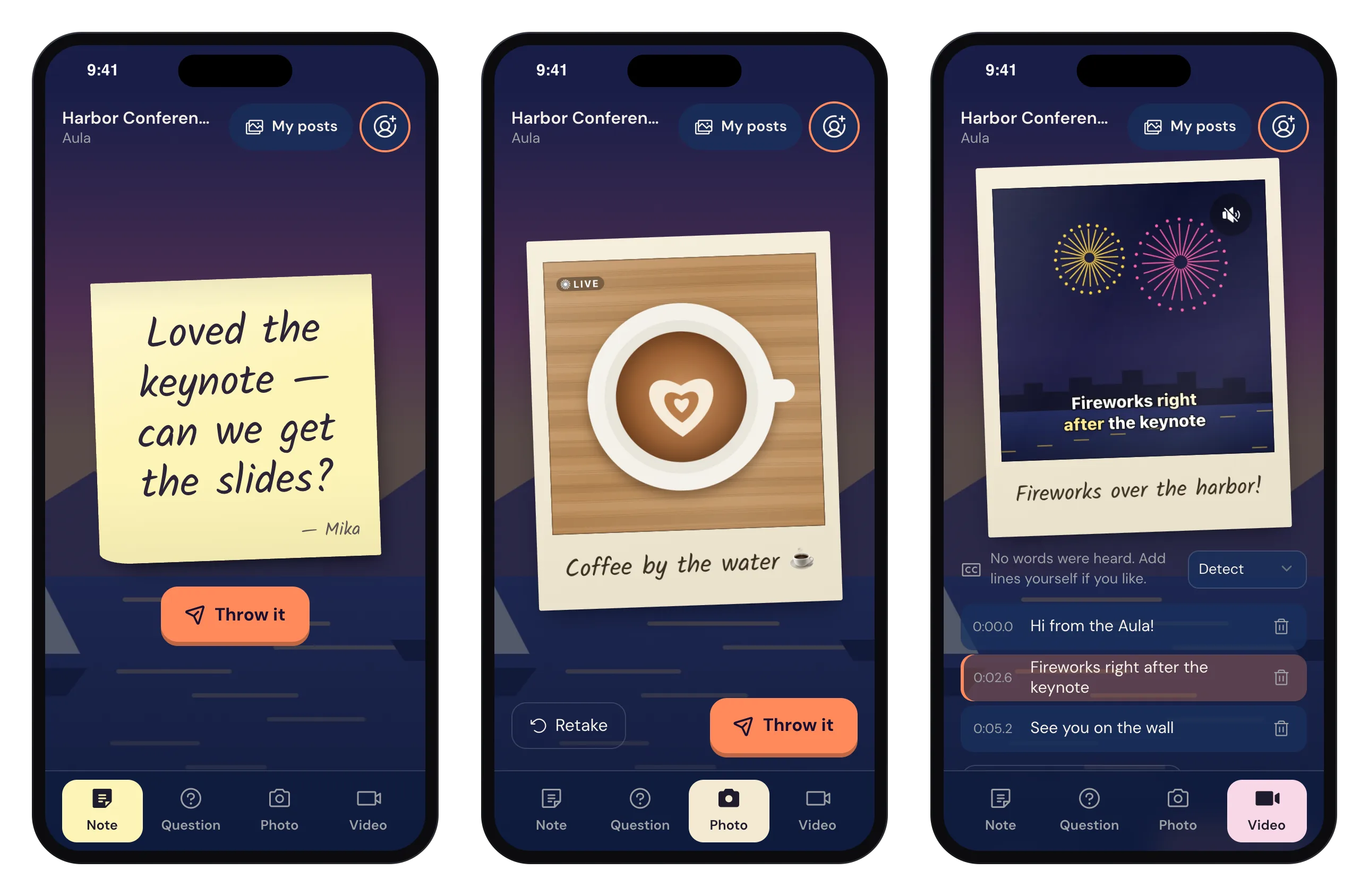 Three phones showing the guest page: a sticky note, a Live polaroid of a latte with a caption, and a video polaroid of fireworks with captions.