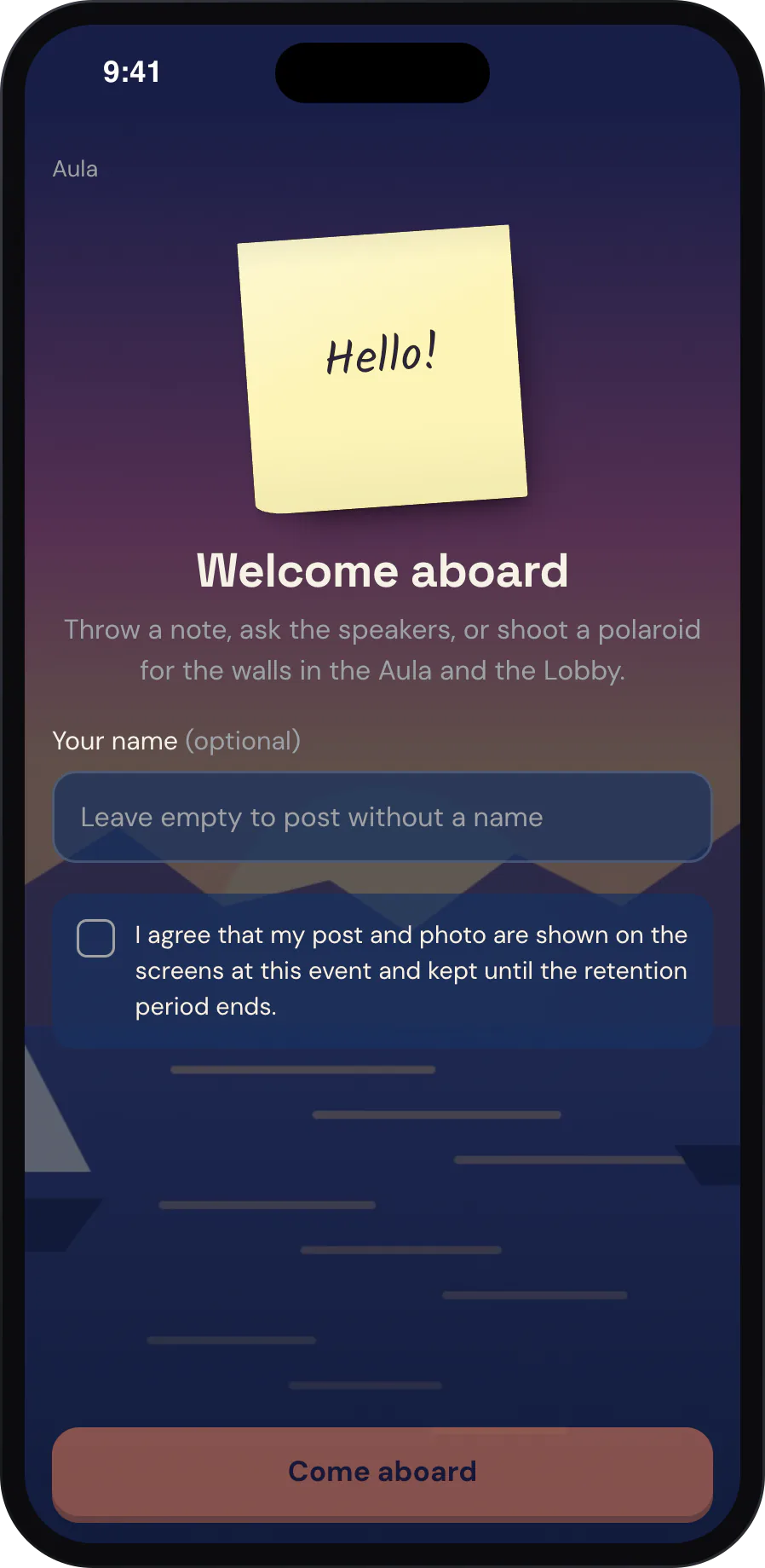 Ein Handy mit dem Begrüssungsbildschirm der Gästeseite: eine Haftnotiz mit «Hello!», die Überschrift «Welcome aboard», ein freiwilliges Namensfeld, ein Einwilligungs-Häkchen und eine Schaltfläche «Come aboard».