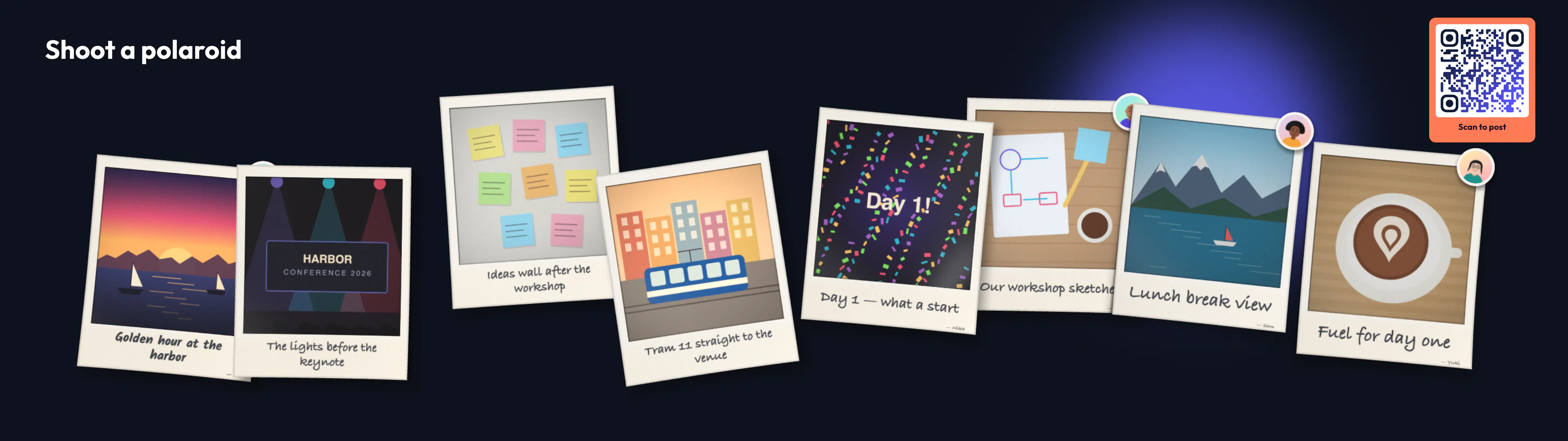 A wide dark screen titled "Shoot a polaroid" with a row of tilted instant prints — a harbor sunset, conference stage lights, a city tram, confetti reading "Day 1!", workshop sketches, a lake view and a latte — each with a handwritten caption, and a QR code in the corner.