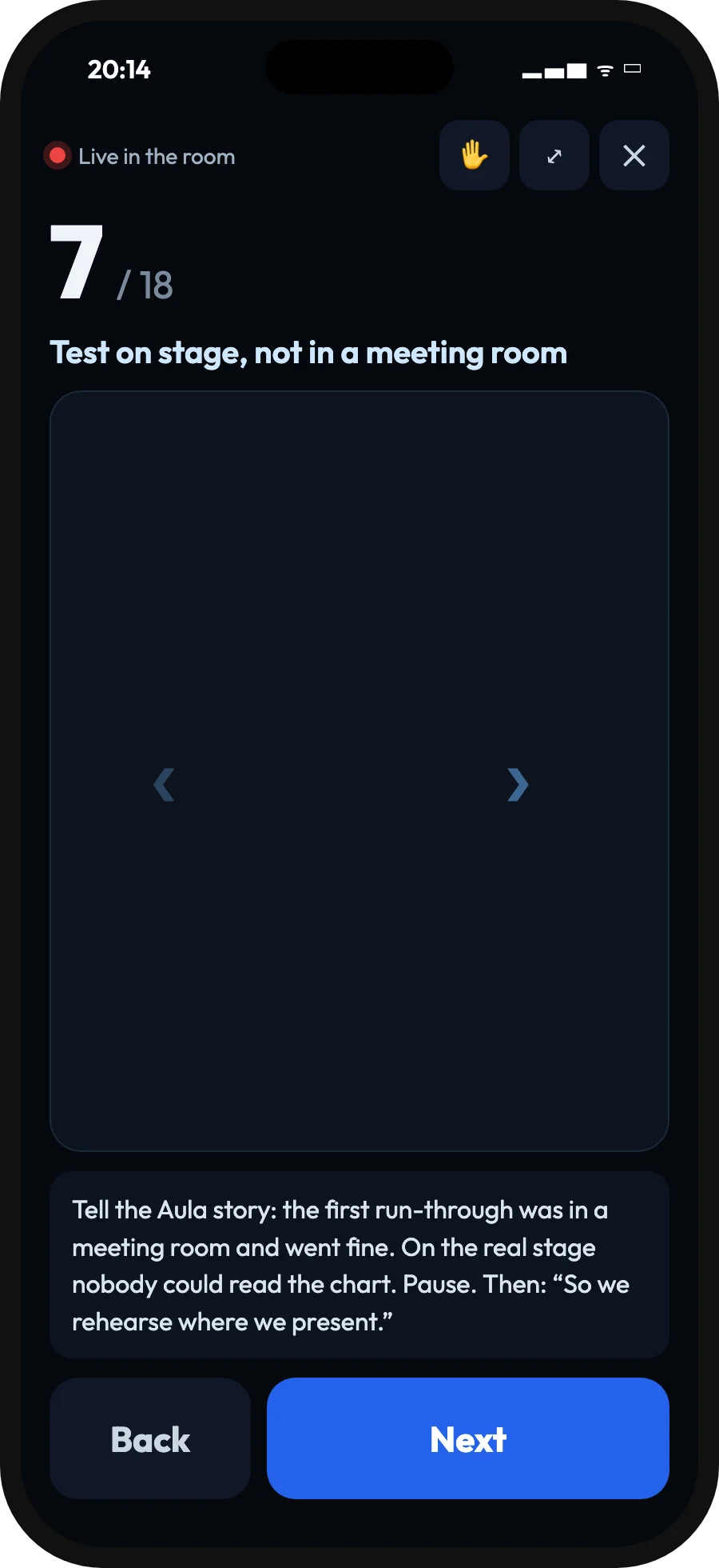 A dark phone screen: Live in the room, slide 7 of 18, a large touchpad, the speaker's notes, and Back and Next buttons.