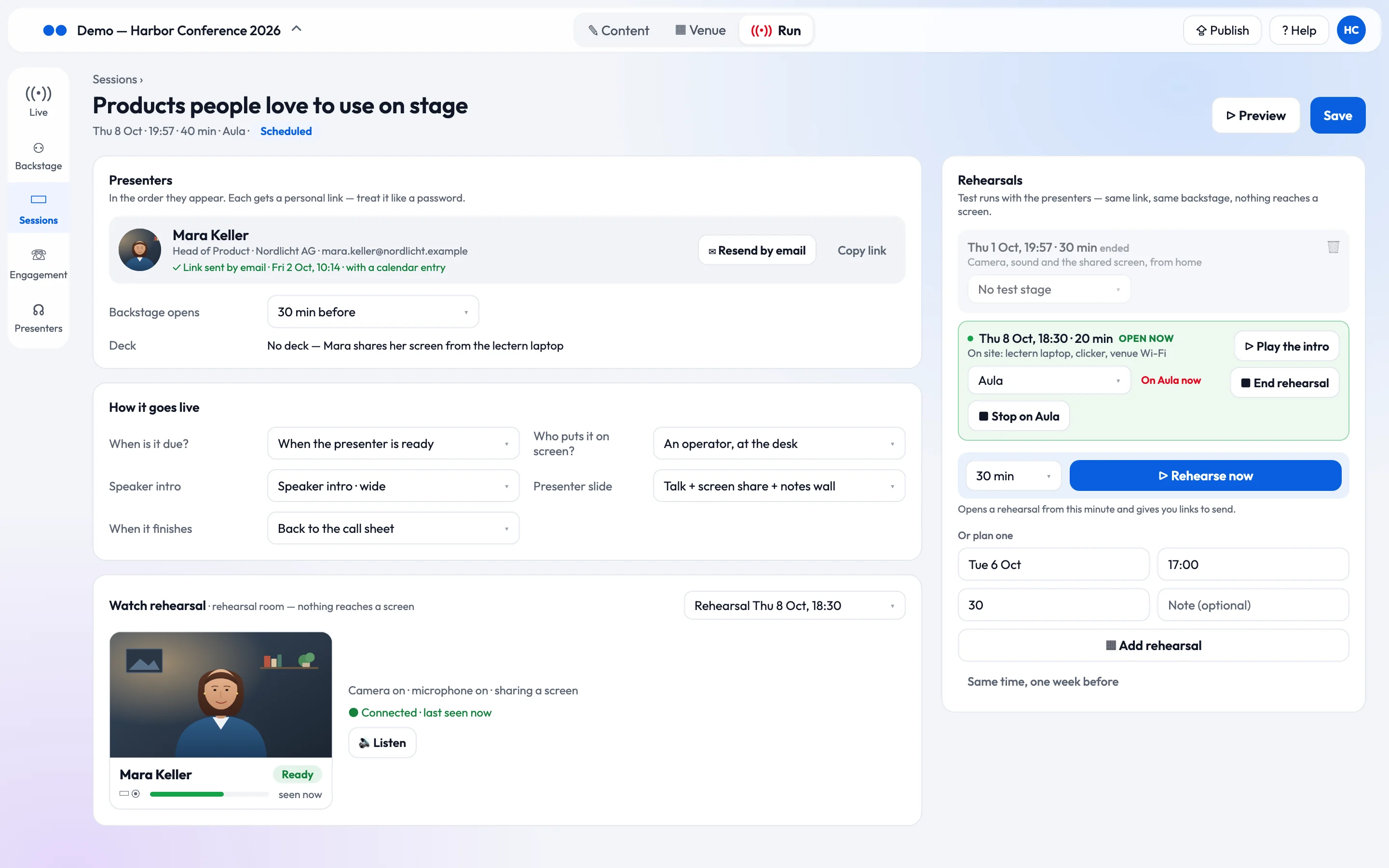The session page for Mara Keller's keynote: her link sent by email, the go-live settings, a rehearsal monitor with her camera marked Ready, and a Rehearsals panel with the rehearsal a week before and an open one on the Aula screen.